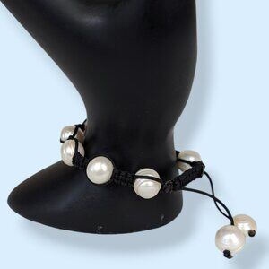 Freshwater Pearl Knotted Black Cord Bracelet